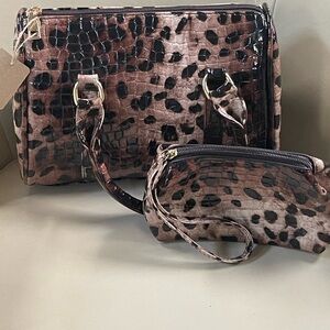 Vegan Leather Brown Croc-Embossed Satchel Bag with Matching Wristlet